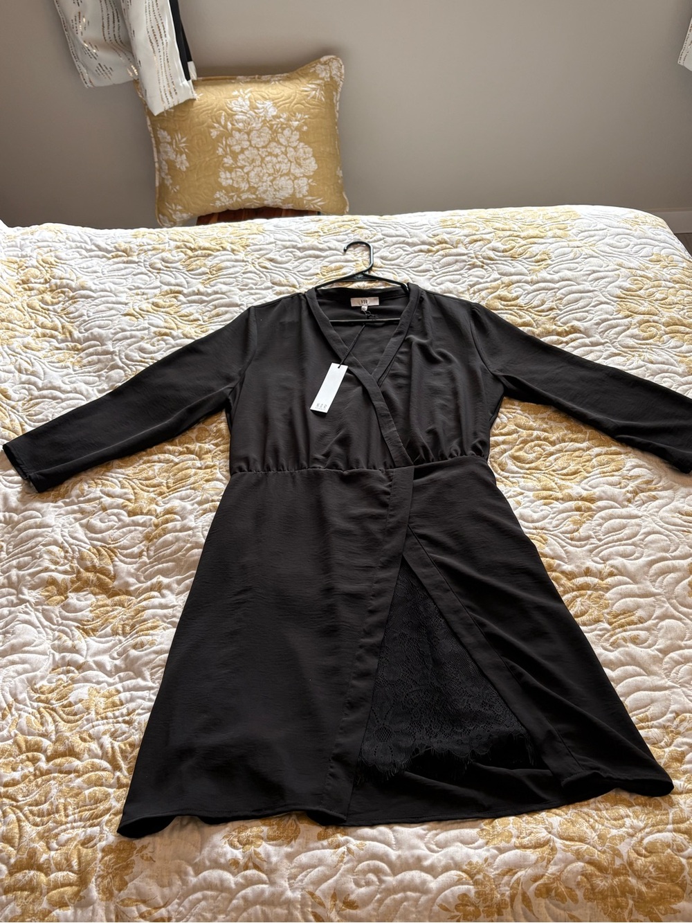 NSR Black Long Sleeve Wrap Dress with Lace Panel